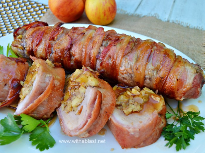 Bacon wrapped pork tenderloin with apple stuffing