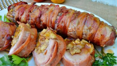 Bacon wrapped pork tenderloin with apple stuffing