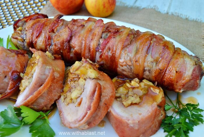 Bacon wrapped pork tenderloin with apple stuffing