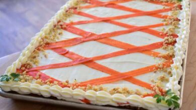 Brown butter carrot sheet cake with brown butter cream cheese frosting