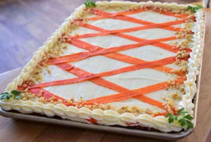 Brown butter carrot sheet cake with brown butter cream cheese frosting