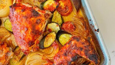 Sheet pan harissa chicken dinner