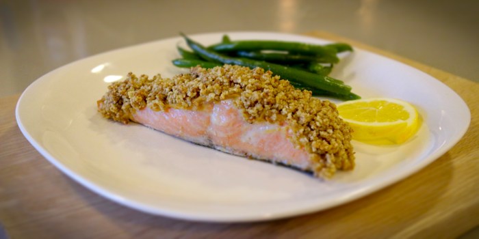 Crunchy walnut crusted salmon filets