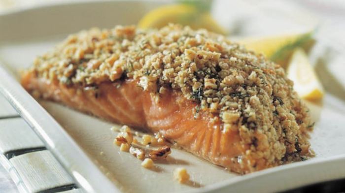 Crunchy walnut crusted salmon filets