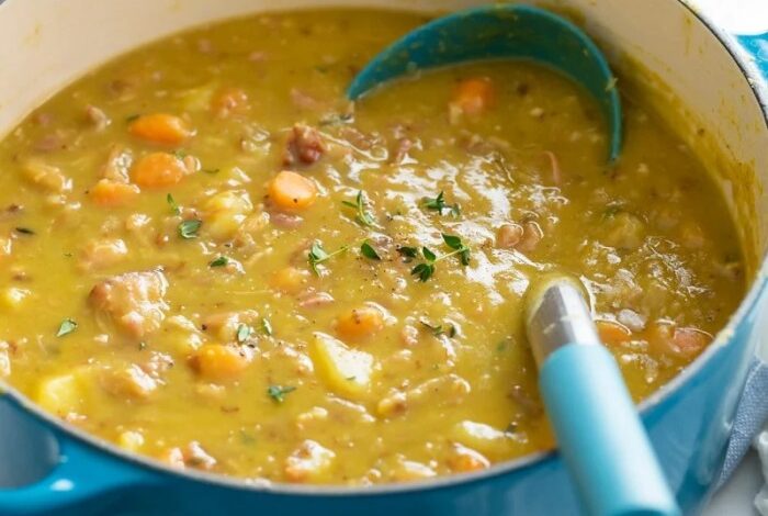 Split pea soup with homemade ham bone stock