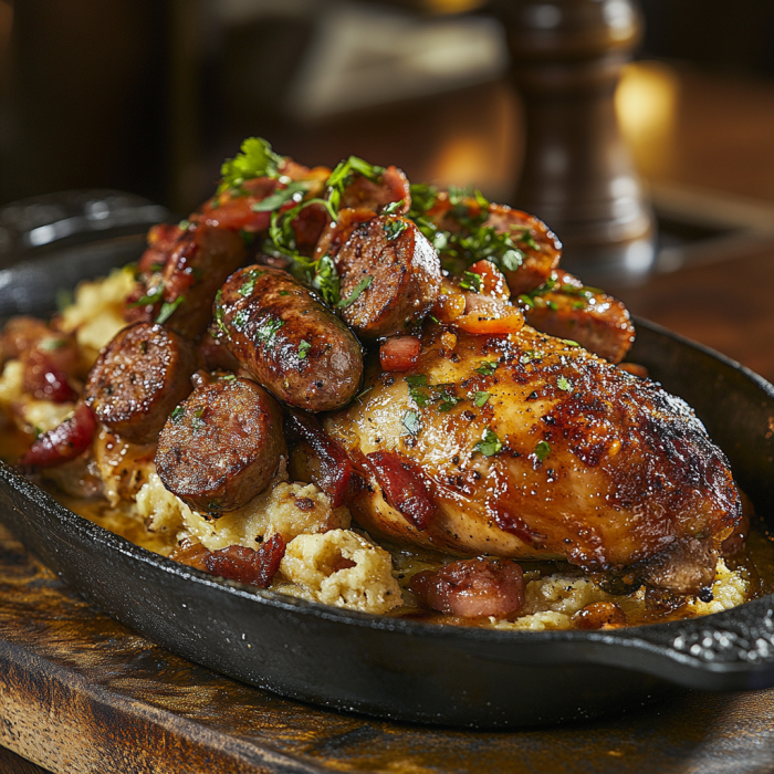 Southern style chicken perlo with andouille sausage