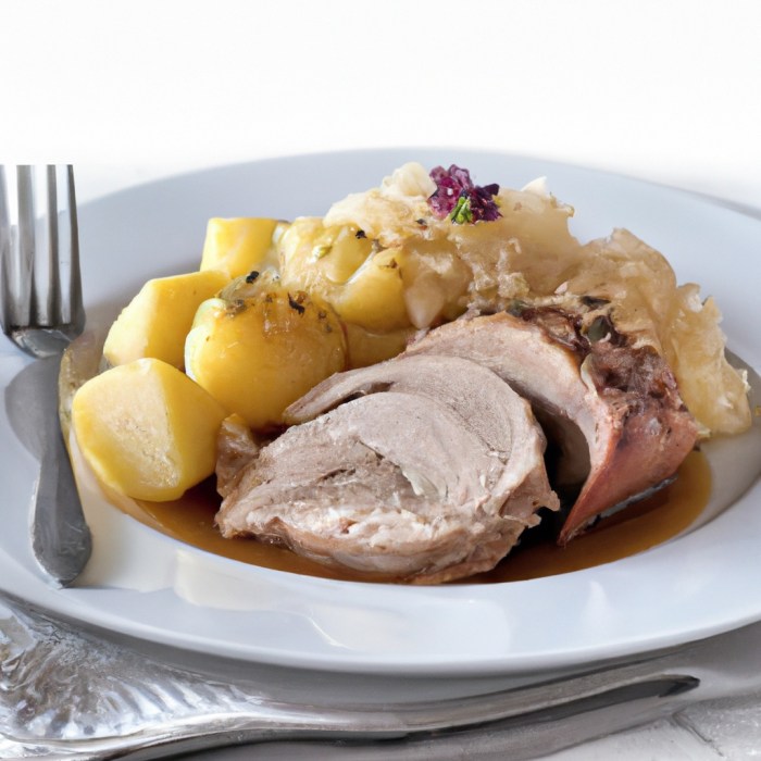 Slow cooker german style pork roast with sauerkraut and potatoes