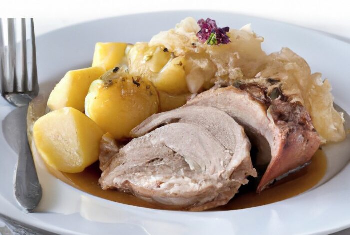 Slow cooker german style pork roast with sauerkraut and potatoes