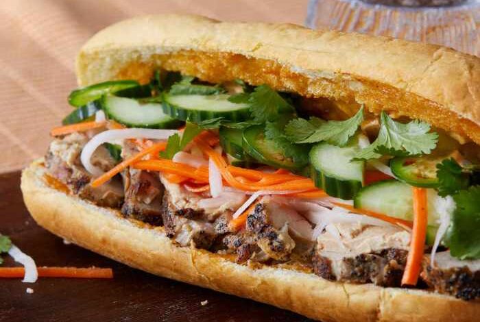 Roasted pork banh mi vietnamese sandwich