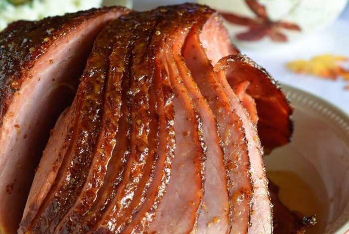Baked ham with pineapple mustard glaze